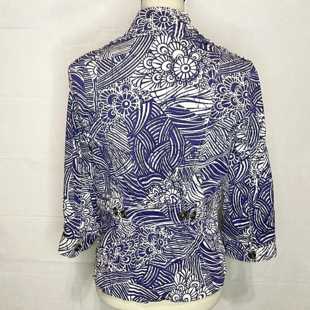 COLDWATER CREEK Utility Full Zip Jacket Sz 6 Floral Print Lapis Purple and White